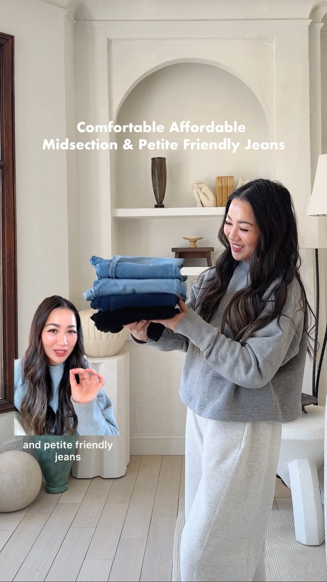 Affordable and comfortable midsection and petite friendly jeans!

1st Pair: Quince Bella Stretch Wide Leg Jeans. Very comfortable for midsection/postpartum tummy! Flattering wide/straight leg shape. I’m wearing 26x30, color ‘Frosted Blue’.

2nd Pair: Quince Bella Stretch Kick Flare Jeans. Love these flare legs jeans! It honestly feels like the perfect in-between of a wide leg and a straight leg. Not too wide, not too slim. They're also midsection and petite friendly. I’m wearing 26x28. Color ‘Midnight Blue’.

3rd & 4th Pair: Quince Bella Straight Leg. Midsection comfortable and petite-friendly! I’m wearing 26x26. Super comfortable with stretch and it doesn’t lose shape after hours of wear throughout the day. Color ‘Seaside Blue’ and ‘Black’.

For size reference, I’m 5 ft 115 pounds and wearing the sizes above.

#LTKPetite