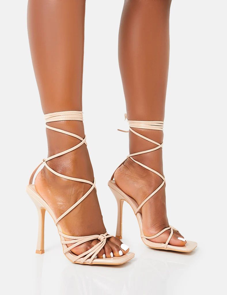Solange Nude Patent Lace Up Strappy Square Toe High Heels | Public Desire (US & CA)