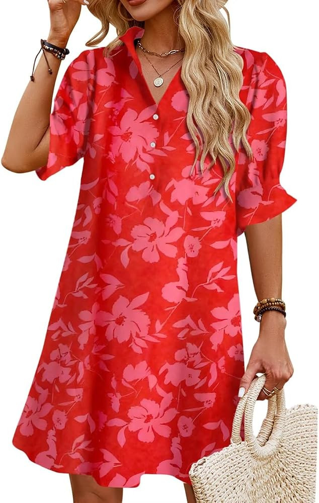 Womens Summer Shirt Dress 2026 Casual Ruffle Short Sleeve Button Down Flowy Swing Shift Mini Dres... | Amazon (US)