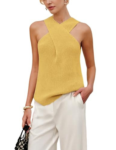 Yeokou Women Halter Cross Over Collar Tank Knit Sleeveless Top Solid Color Casual Summer Blouse(Yellow-XL) | Amazon (US)
