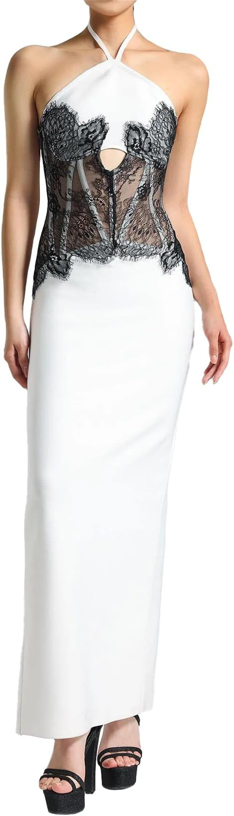 BELLA BARNETT White Lace Dress Chic Bandage Dress Cut Out Mesh Dress Sleeveless Halter Dress for ... | Amazon (US)