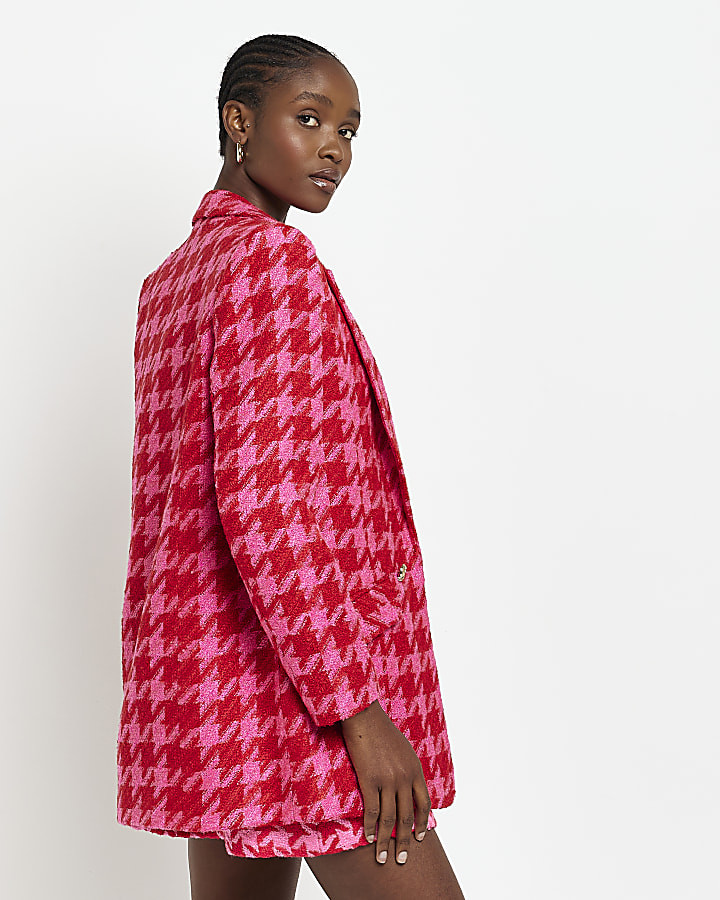 Pink dogtooth boucle blazer | River Island (US)