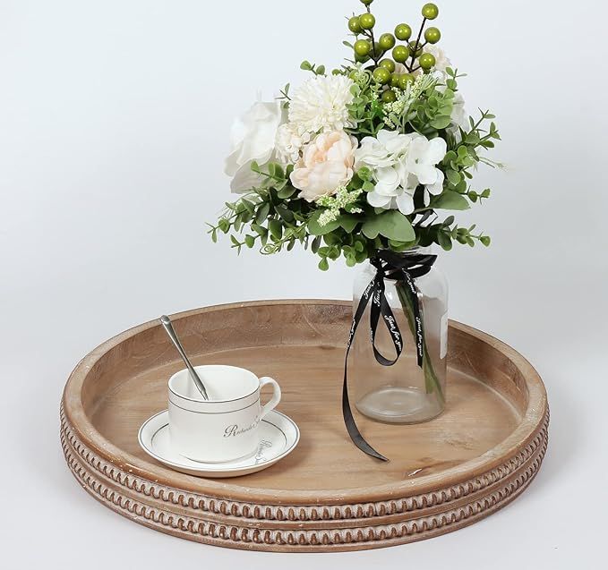 Carah & Cossh Round Wooden Serving Tray, Whitewashed Round Decorative Wood Tray, Round Farmhouse ... | Amazon (US)