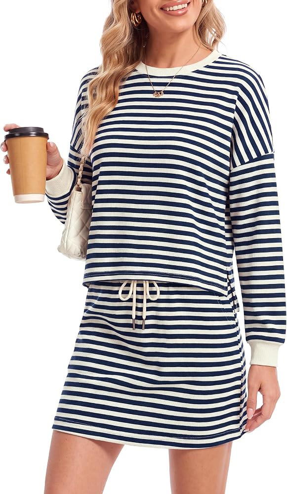 Skort Sets Women 2 Piece Outfits Striped Long Sleeve Top | Amazon (US)