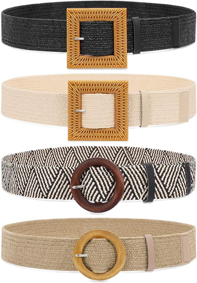 WHIPPY Set of 3/4 Straw Woven Elastic Stretch Waist Belts for Women, Fashion Boho Ladies Braided ... | Amazon (US)