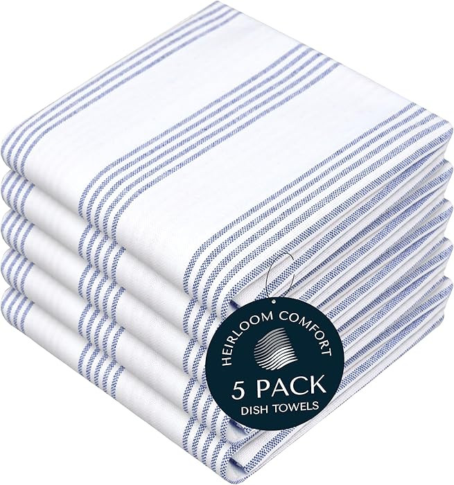 Indigo Blue Stripe Kitchen Towels, 5 Pack, 100% Cotton, Super Absorbent and Quick Dry, Multi Pin ... | Amazon (US)