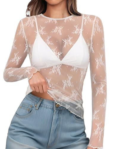 Lace Tops for Women Sexy Top White Mesh Long Sleeve Tops Slim Fitted Sheer Undershirt Trendy Summer Going Out Crewneck Shirts See Through Blouses XXL | Amazon (US)