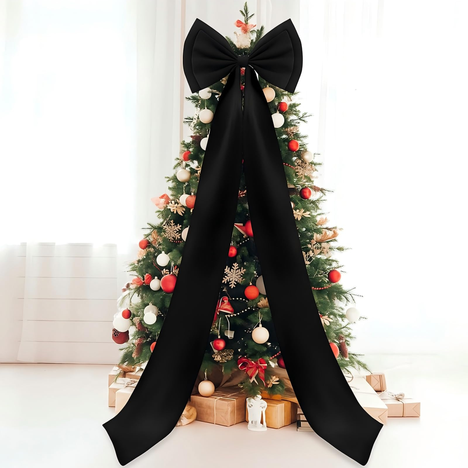 Giant Bow Decor Christmas Tree Topper Decoration Big Bows for Room Wall Backdrop 75x18 Inch Ribbon Tie for Wedding Christmas Fall Birthday Party Baby Shower Supplies(Black,Satin) | Amazon (US)