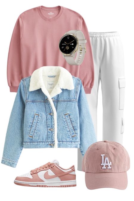 Casual outfit inspiration for running errands 🎀 

// abercrombie, jean jacket, sherpa jean jacket, cargo pants, cargo sweatpants, dodgers hat, pink outfit, pink Nike, pink Nike dunks, garmin venu, garmin venu 2, outfit ideas, fall outfit, cozy fall outfit

#LTKstyletip #LTKtravel #LTKSeasonal