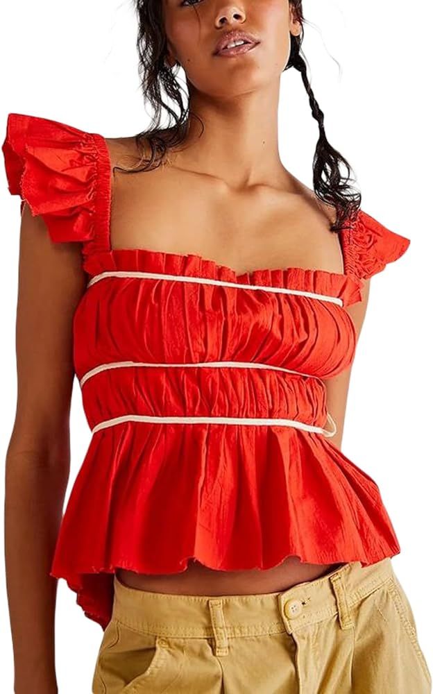 Women's Ruffle Strap Top Sleeveless Ruched Shirred Blouse Tie-up Square Neck Peplum Tank Tops Sum... | Amazon (US)