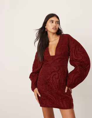 ASOS EDITION velvet embroidered quilted plunge mini dress with sleeve detail in burgundy | ASOS (Global)