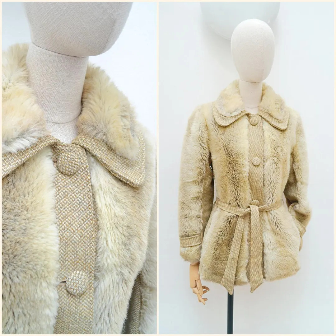 1970s Faux Fur & Wool Jacket, 70s Astraka Belted Furry Coat, Big Collar Outerwear - S M - Etsy | Etsy (US)