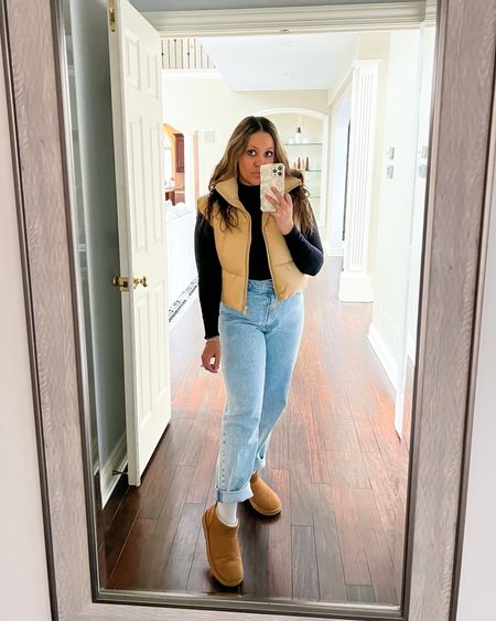 Every day outfit. Daily outfit inspo. Abercrombie jeans. Ugg ultra mini boots. Puffer vest. Amazon fashion. Outfit idea. Mom style. Outfit inspo. Abercrombie high waist jeans. Curve love jeans. Weekend style. Criss-cross waistband 

#LTKstyletip #LTKFind #LTKunder100