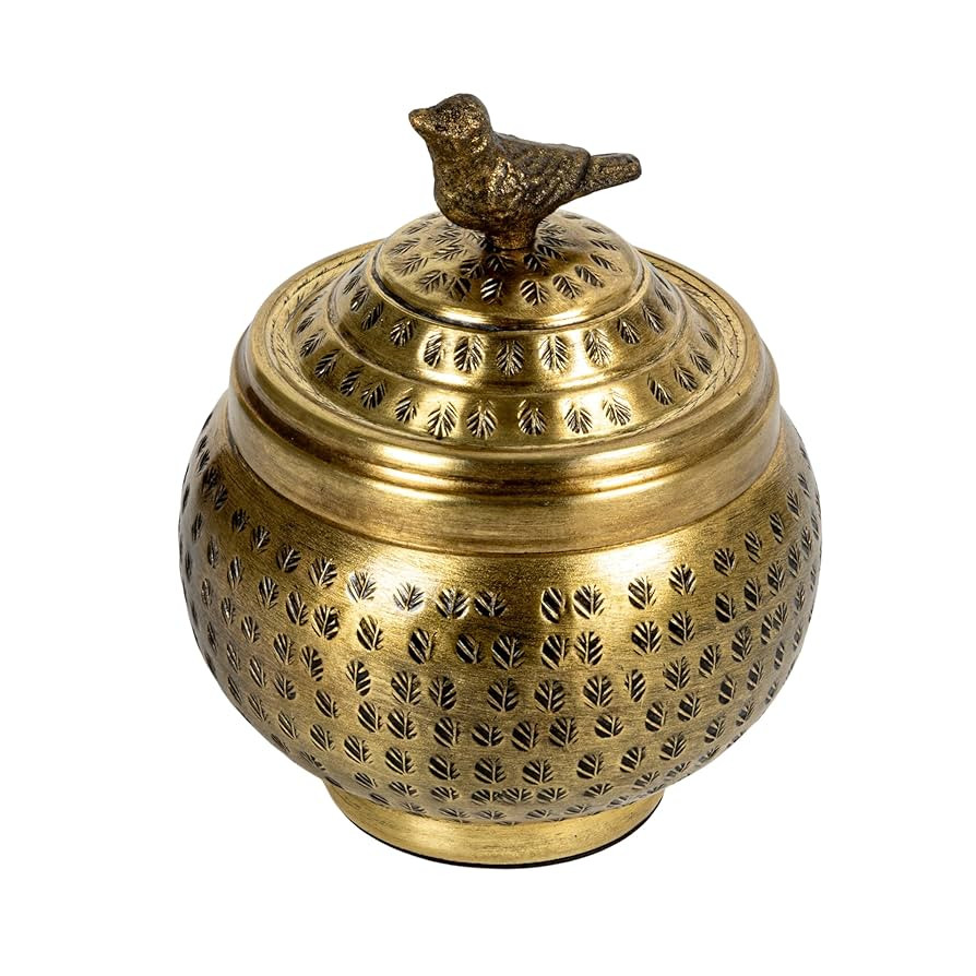 Creative Co-Op Round Hammered Metal Container with Bird Finial, Brass Finish | Amazon (US)