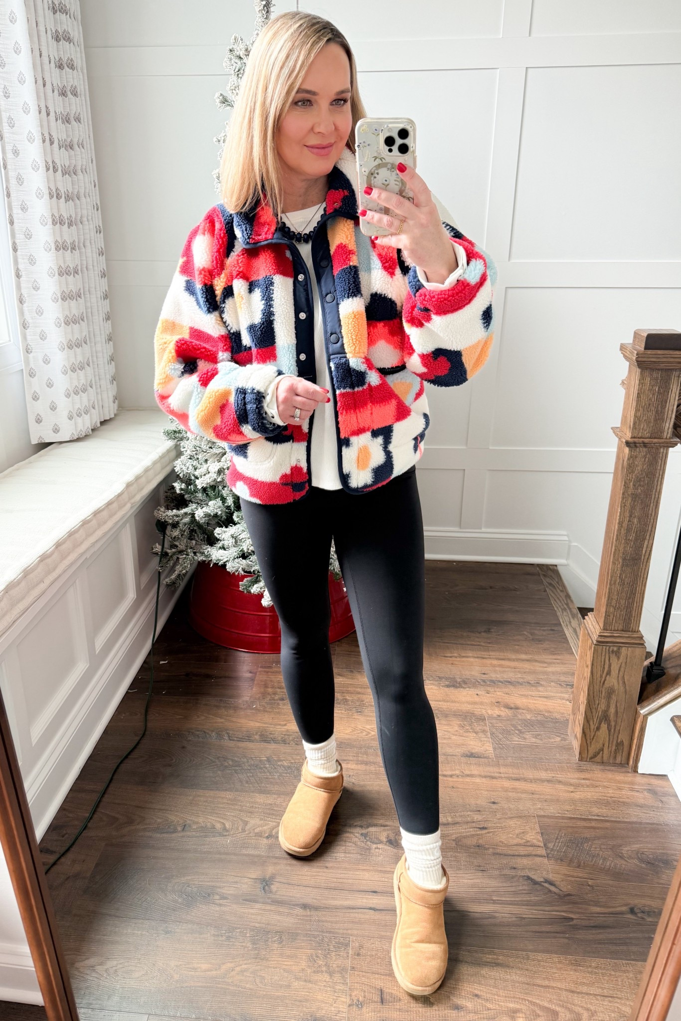 Sunday style. Wearing size medium in both the fleece jacket and thermal layering tee underneath. The tee does run big so if inbetween sizes, size down. Jacket runs TTS. I’ve had these Spanx leggings for awhile and haven’t worn them in a long time. I forgot how nice they are! The material is a little thicker than most leggings. Wearing size medium. Also linking my necklaces, socks and mini UGGS. I wore my hair straight today and last time I showed this people asked so linking the heated brush that use  

#LTKOver40 #LTKootd