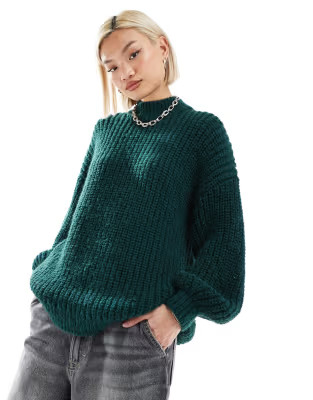 Monki high neck chunky rib knitted jumper with volume sleeve in dark green | ASOS (Global)