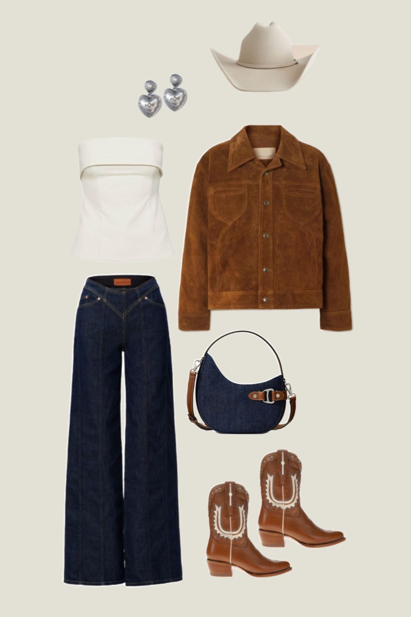 Suede tan jacket, dark denim jeans, short Tecovas boots, white strapless top, denim handbag, western chic style, western outfit idea 