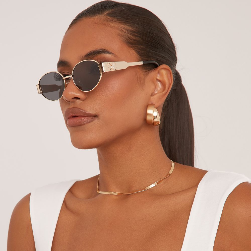 Oval Cateye Shape Side Detail Metal Frame Sunglasses In Gold | Ego Shoes (UK)