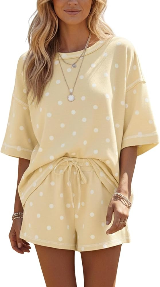 Womens Polka Dot 2 Piece Pajama Lounge Set Relaxed Fit Top and Elastic Waist Shorts Set Matching ... | Amazon (US)