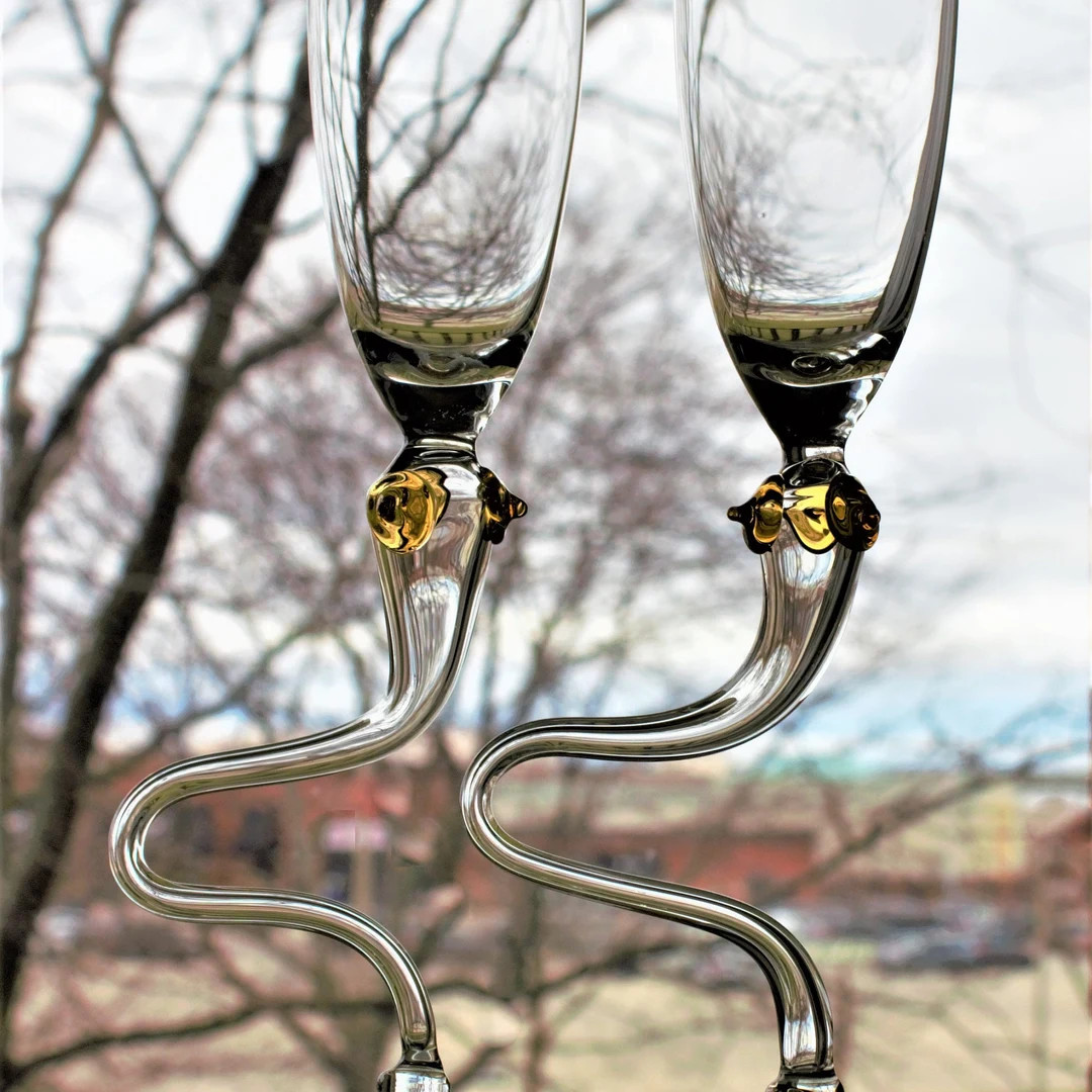 Unique Champagne Glass Set, 2 Bent Stem Toasting Glass, Handblown Bent Stem, Unusual Glassware, G... | Etsy (US)