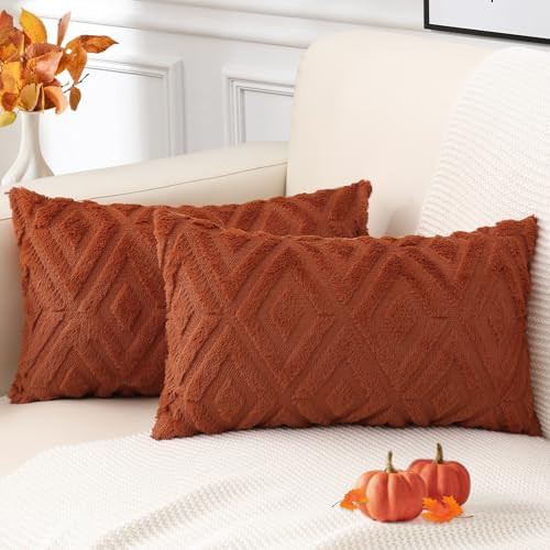 Pallene Rust Throw Pillow Covers 12x20 Set of 2, Soft Plush Faux Fur Decorative Lumbar Couch Pillow Covers for Sofa Bed Living Room Pillow Cases with 3D Diamond Pattern | Amazon (US)