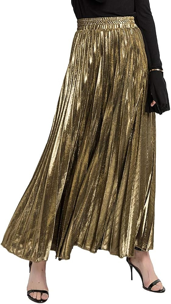 Women's Premium Gold Shiny Shimmer Accordion Pleated Long Maxi Skirt | Amazon (US)