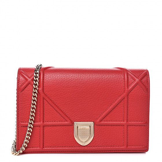 CHRISTIAN DIOR Grained Calfskin Diorama Wallet on Chain Pouch Red | Fashionphile