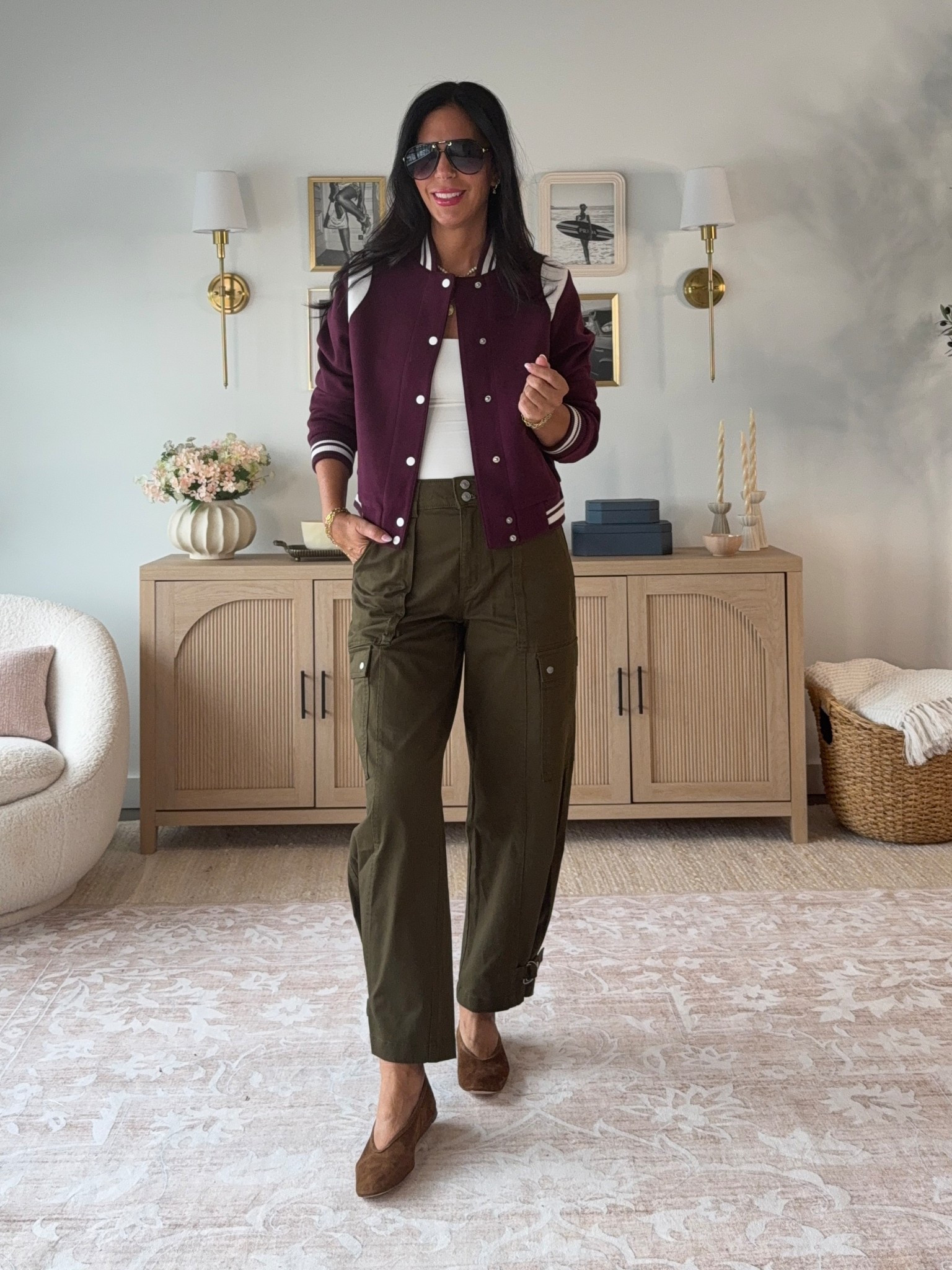 Love an olive and burgundy moments. This varsity jacket is amazing. 
Pants- size 4 
Jacket - small 

#LTKU #LTKOver40 #LTKFindsUnder50
