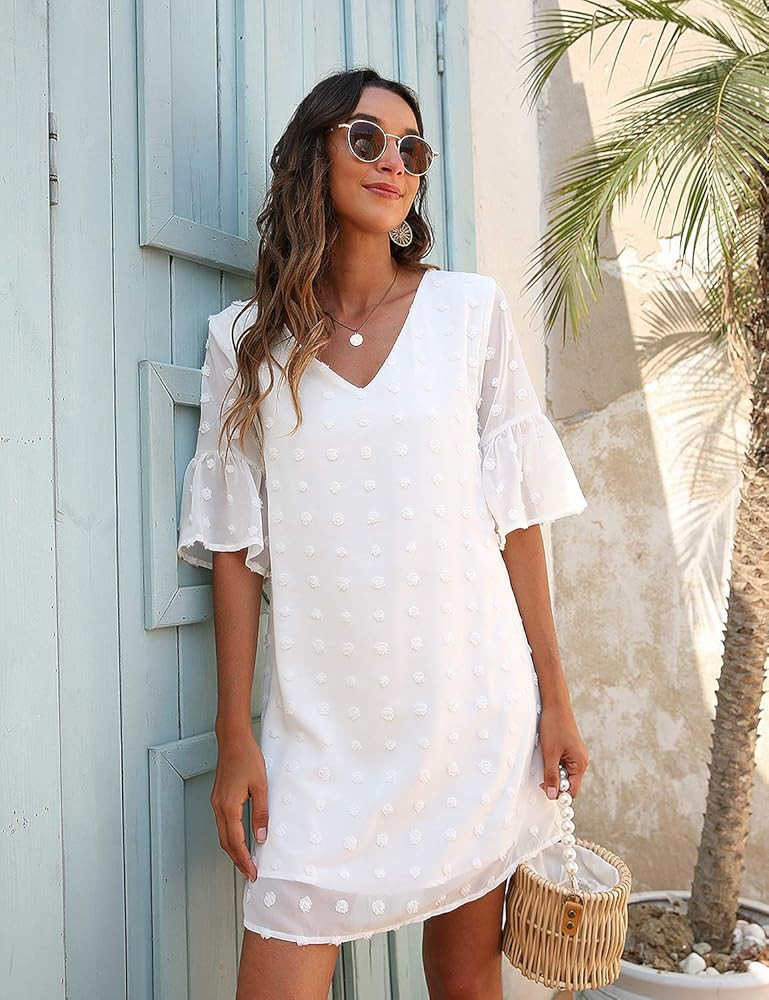Blooming Jelly Womens White Dresses Short Sleeve V Neck Ruffle Cute Sun Dress Chiffon Flowy Shift Mi | Amazon (US)