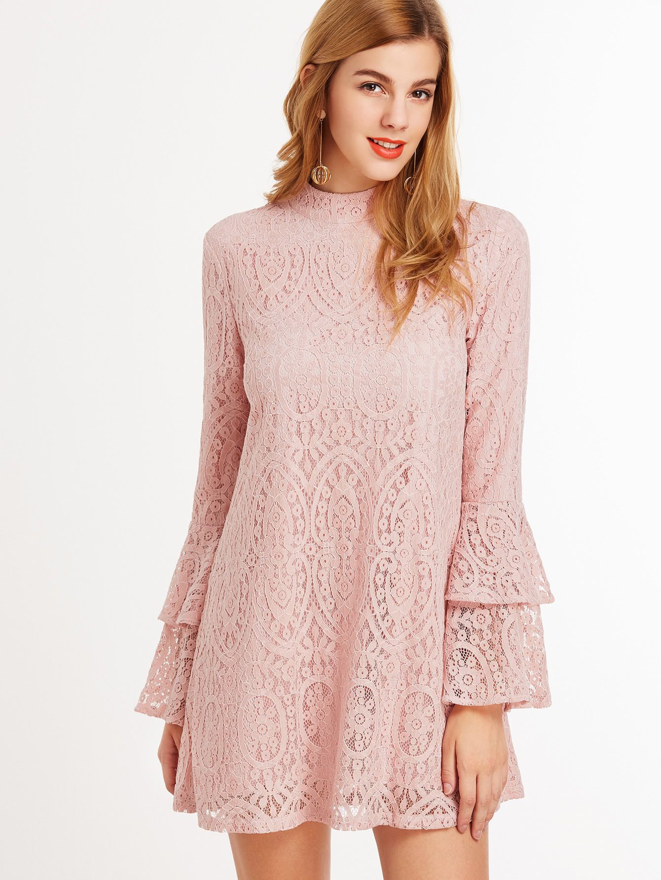 Pink Keyhole Mock Neck Layered Ruffle Sleeve Lace Dress | SHEIN