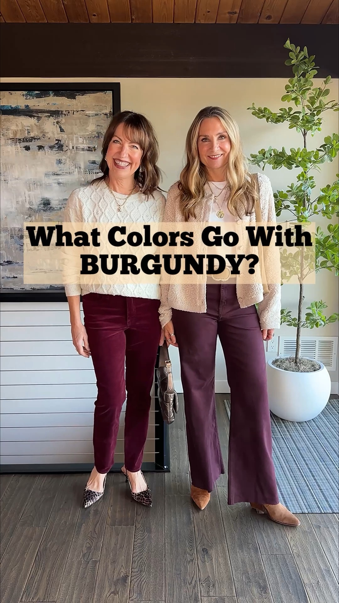 Next in our series of what to wear with trending colors, we’re styling burgundy pants!
Burgundy is such a pretty color, and it’s especially fun to style for the holiday season! We added a bit of bling to elevate our outfits and make them festive. We love expected combos like beige and denim with burgundy, but we tried to push ourselves by adding pink, orange, and even more burgundy for a monochromatic look! What is your favorite color combo? 
We rotated through three pairs of burgundy pants that we love! We’re wearing a straight leg pair of corduroy pants from @kutfromthekloth, a high waisted wide leg jean from @pistoladenim and a longer, wider straight leg pair from @mango. All 10 out of 10!!👍🏻

Burgundy pants, Kut From the Kloth, corduroy pants, Pistola, wide leg jeans, Mango, straight leg jeans, beige sweater, leopard sweater, burgundy top, pink sweater, denim shirt, holiday outfit, winter sweater, polka dot, embellished top, sequin top 

#LTKHoliday #LTKootd #LTKOver40