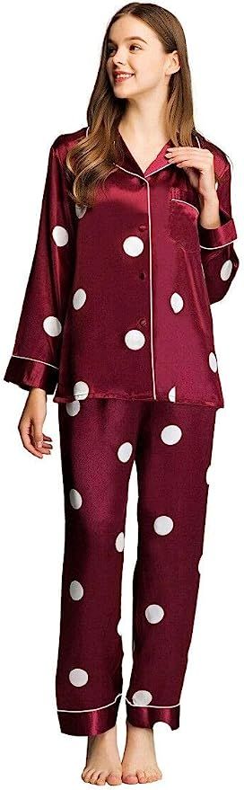 Lonxu Womens Satin Pajama Set Button Down Sleepwear Long Pj XS-3XL | Amazon (US)