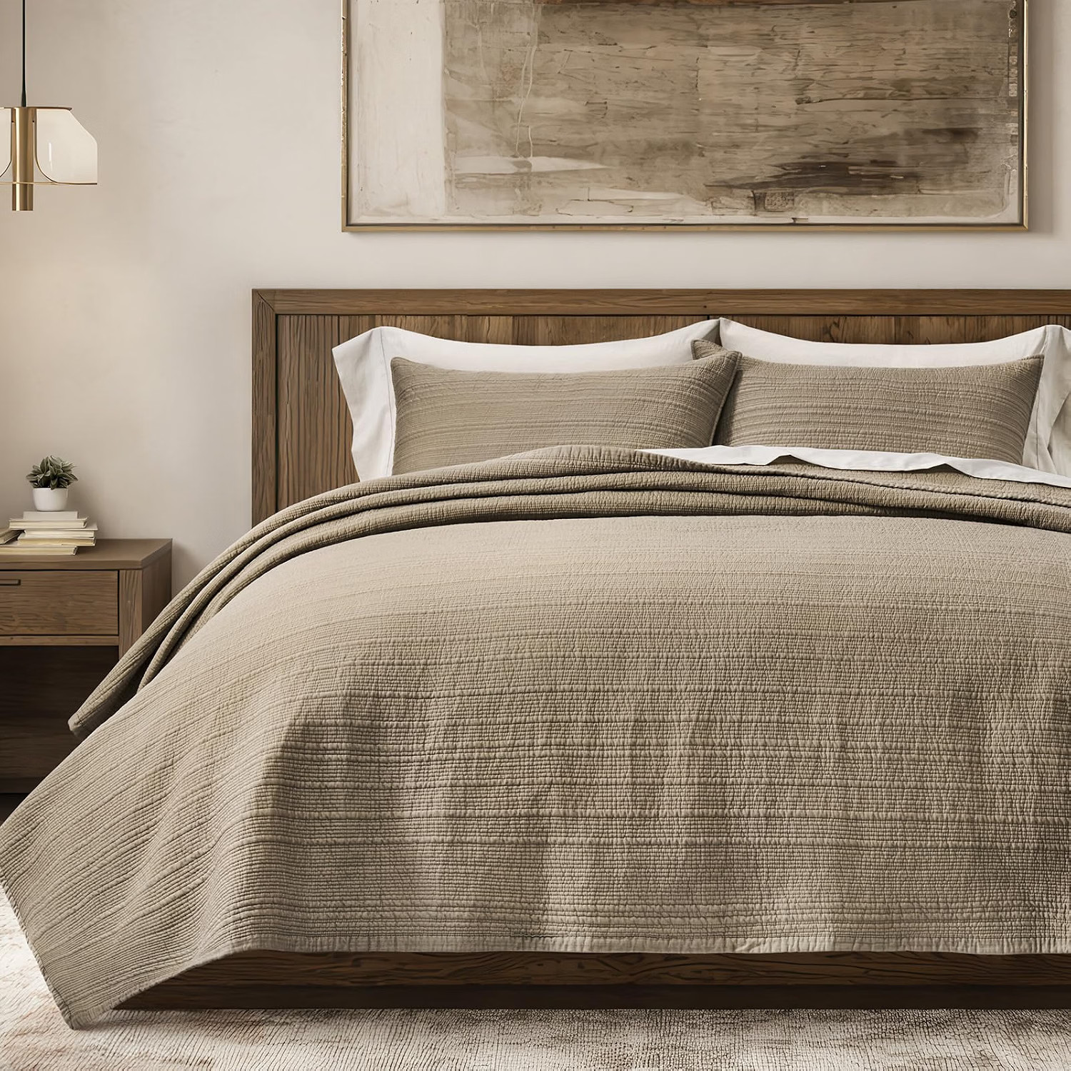 EVERGRACEHOME Cotton Sateen Channel Quilt Set, Queen Size, Stone Taupe | Amazon (US)