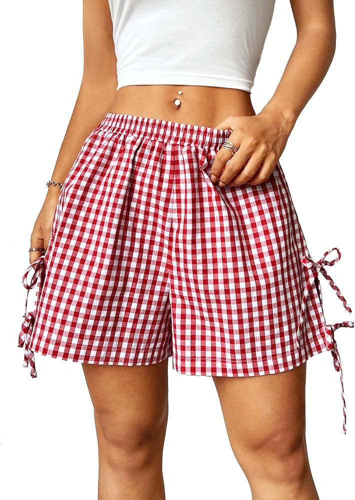 Verdusa Women's Gingham Plaid Print Bow Tie Split Elastic Waist Shorts | Amazon (US)
