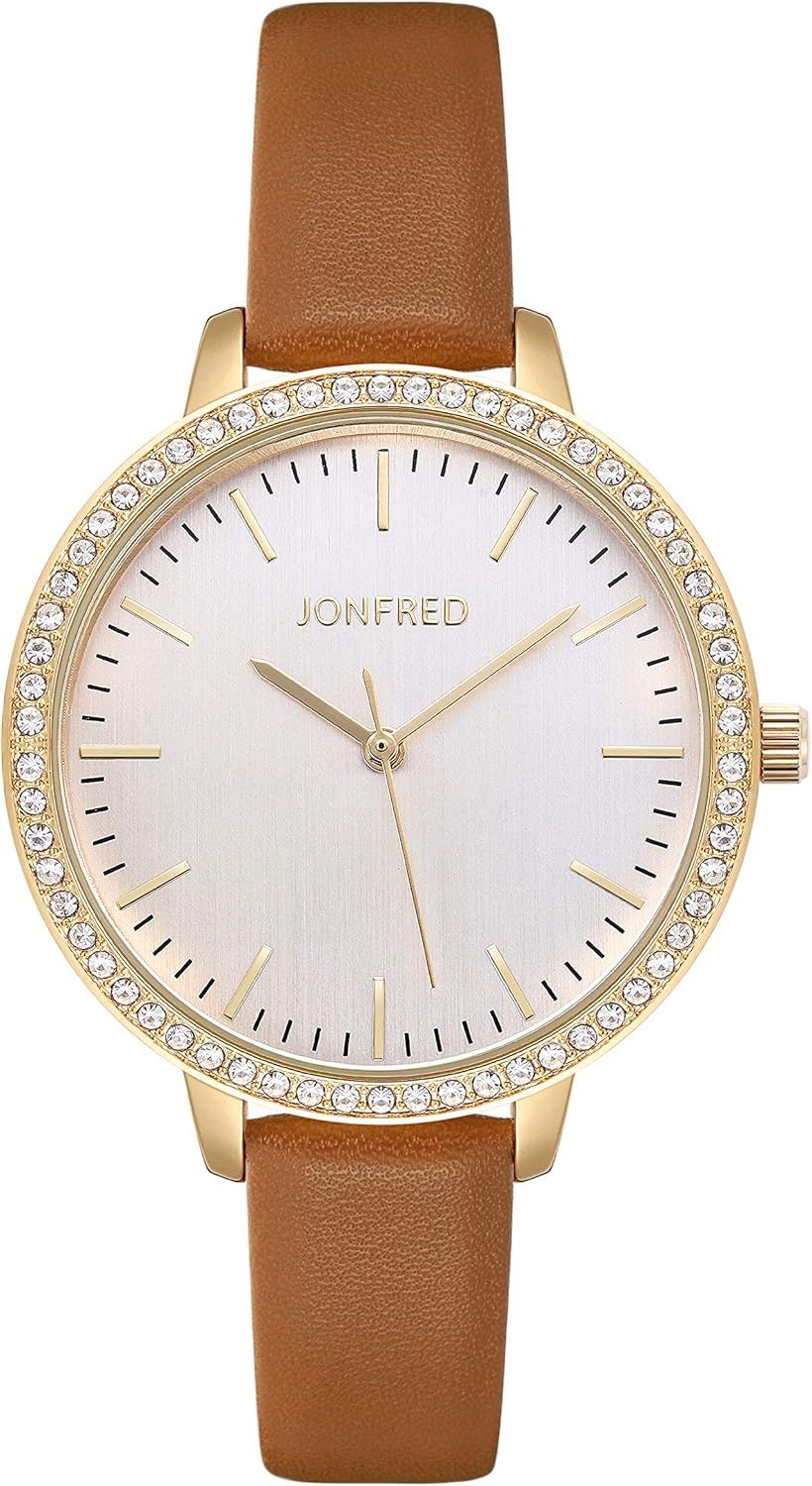 JONFRED Ladies Quartz Watch Women Fashion Leather Wristwatch Waterproof Crystal Diamond Fashion C... | Amazon (US)