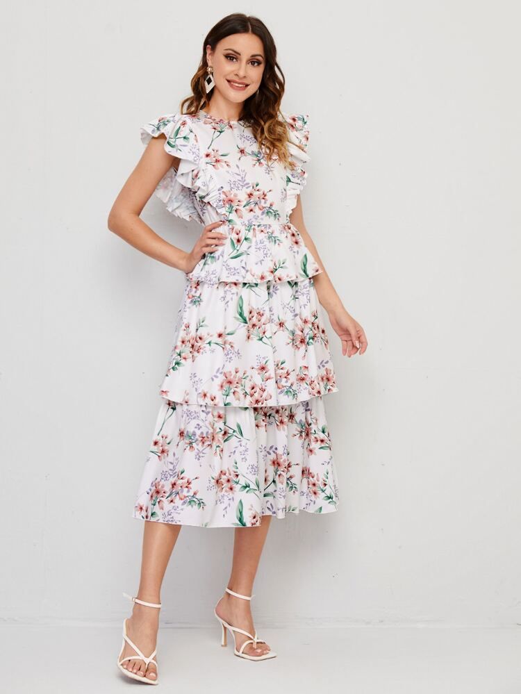 SHEIN Ruffle Armhole Layered Hem Belted Floral Dress | SHEIN