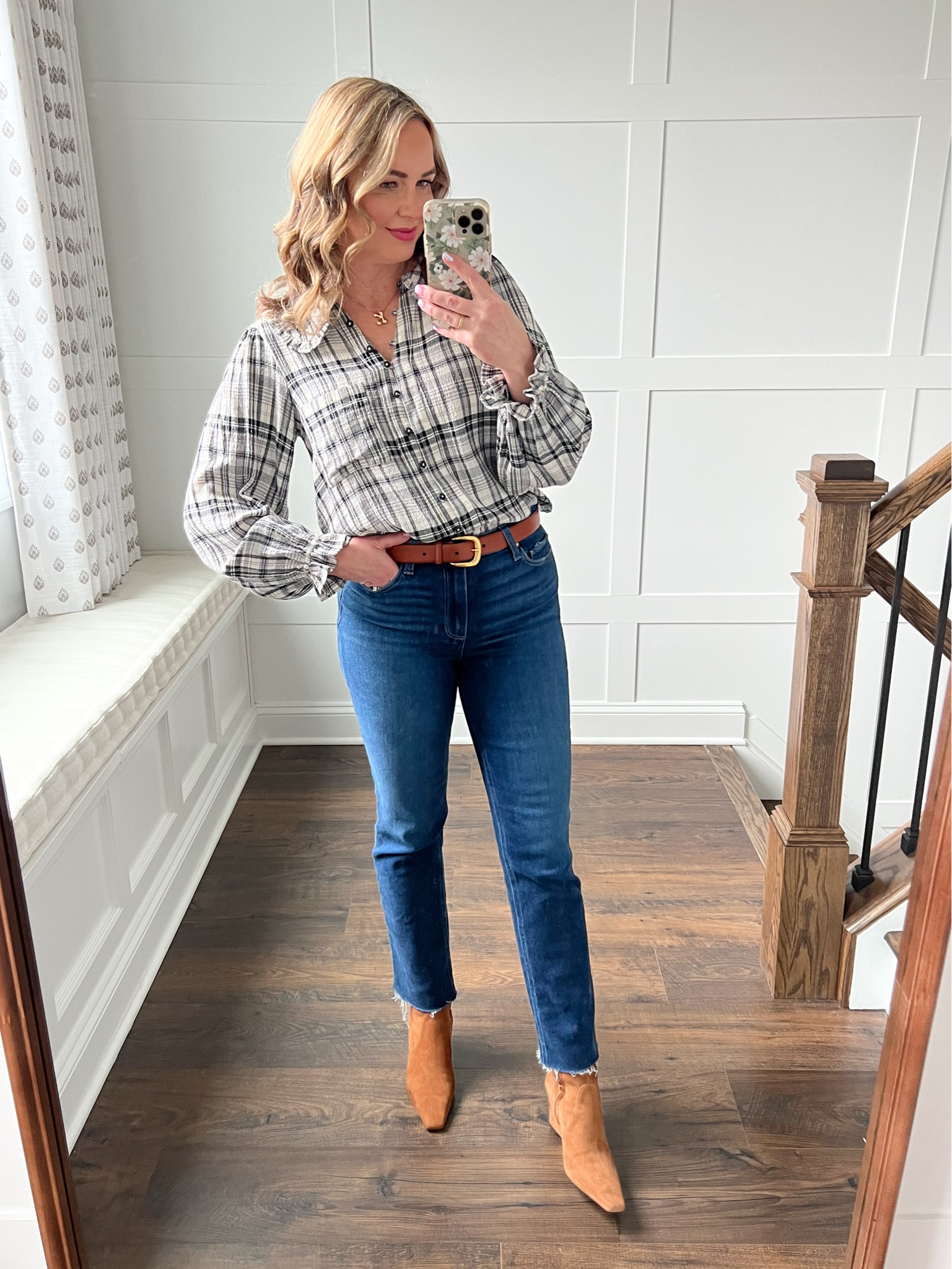 OOTD by way of Anthropologie! These jeans are a splurge but are so comfortable! They have stretch. Straight leg but definitely a great silhouette if you want a skinny jean look without being a true skinny jean. Runs TTS. Wearing size small in the top. And loving the western vibe belt which is so on trend right now  

#LTKOver40 #LTKStyleTip