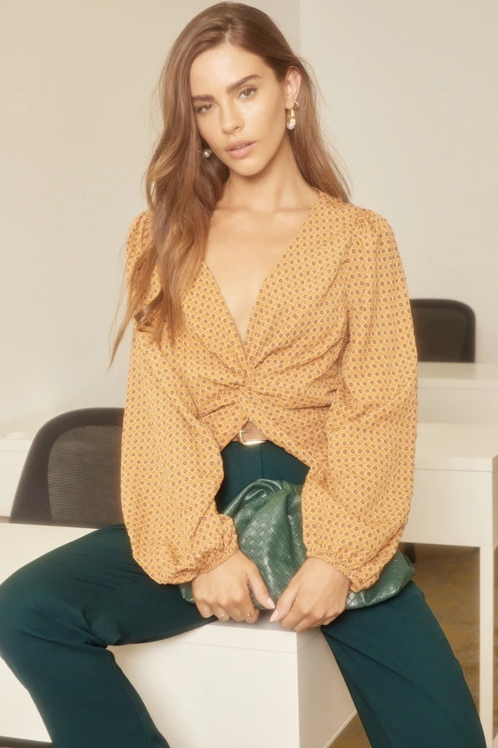 Throwback Trend Mustard Yellow Geo Print Twist-Front Top | Lulus (US)
