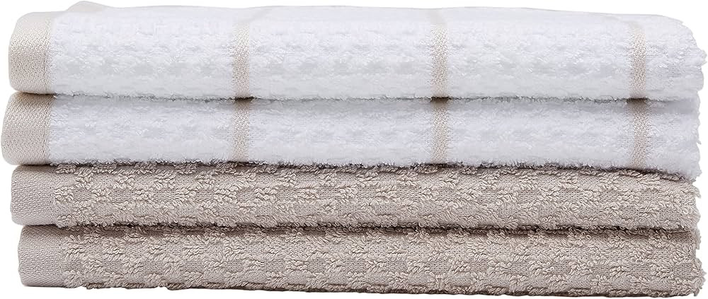 Amazon Basics 100% Cotton Terry Kitchen Dish Towels, Popcorn Texture - 4-Pack, Beige Stripe | Amazon (US)