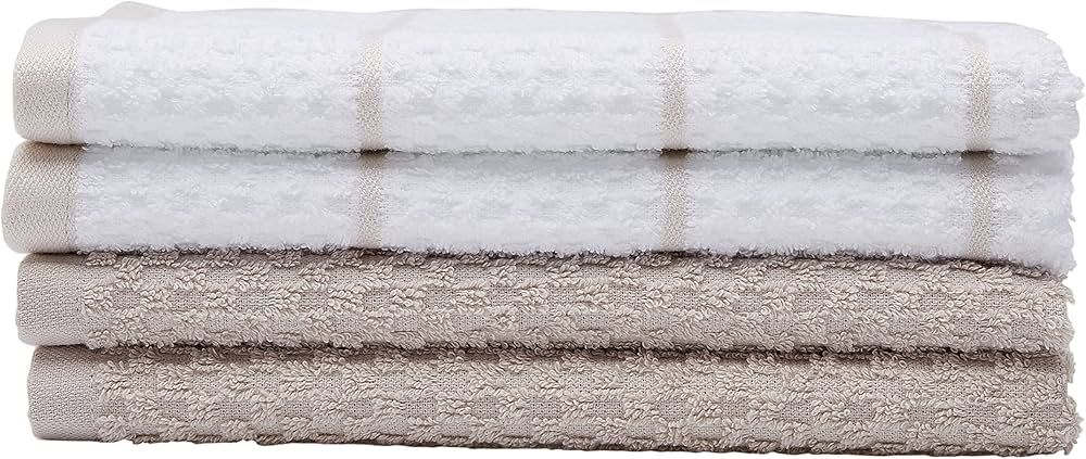 Amazon Basics 100% Cotton Terry Kitchen Dish Towels, Popcorn Texture - 4-Pack, Beige Stripe | Amazon (US)