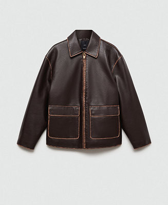 Mango Women's Contrast Stitching Leather Effect Jacket - Macy's | Macy's