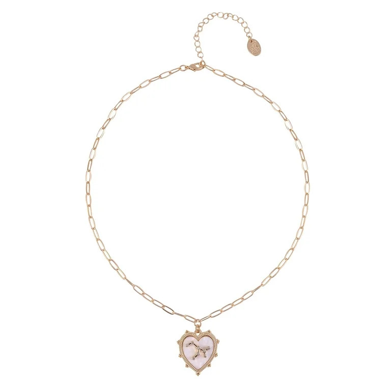 Time and Tru Women's Oval Link Chain Heart with Stone and Inset Constellation "Leo" Goldtone Reve... | Walmart (US)