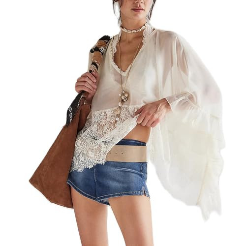 Women Sheer Poncho Top Y2K Oversized V Neck Batwing Sleeve Cover Up Blouse Fairy Lace See Through Mesh Flowy Top White | Amazon (US)