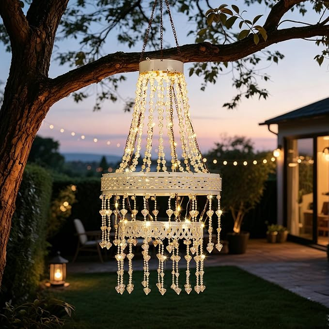 Hanging Solar Chandelier Outdoor Lantern Waterproof Modern Crystal Beaded Chandelier Powerful Lit... | Amazon (US)