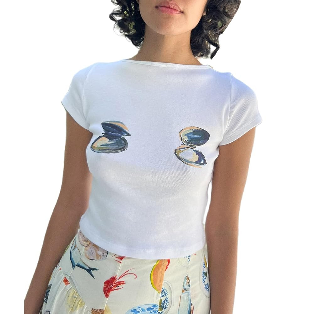 Women's Short Sleeve Y2K Baby Tees E-Girls Cute Graphic Print Crop Tops Slim Fit T Shirts Retro V... | Amazon (US)
