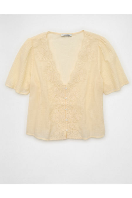AE Lace Trim Short-Sleeve Blouse Women's Cream S | American Eagle Outfitters (US & CA)