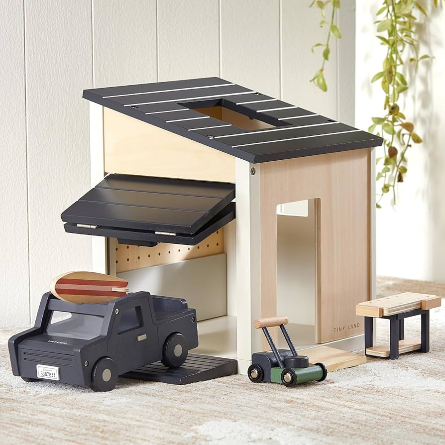 Tiny Land Wooden Dollhouse Garage Toy Set – Realistic Design with Garage, Workbench, Lawn Mower... | Amazon (US)