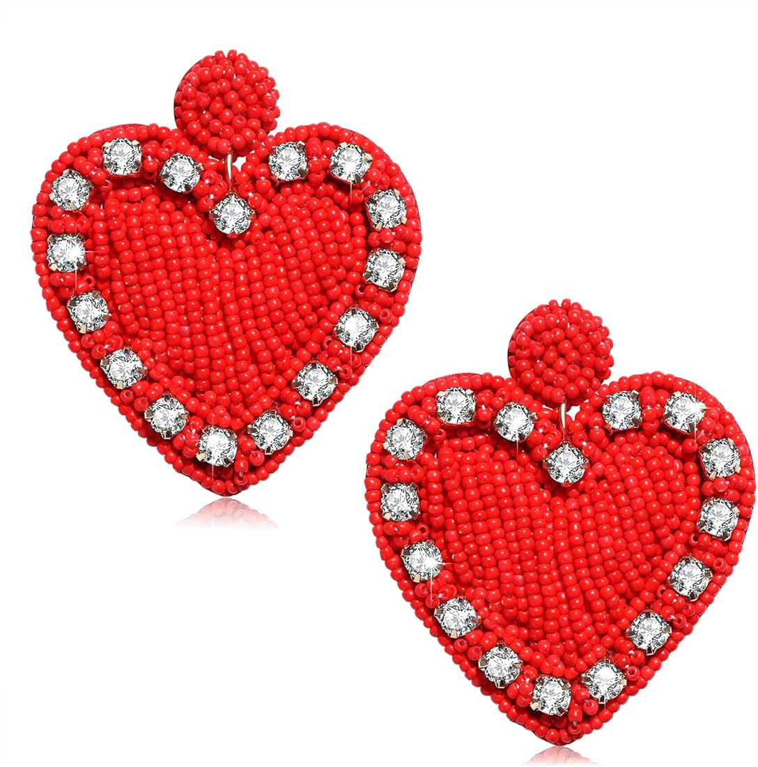 Valentine’s Day Earrings Handmade Crystal Beaded Heart Earrings Shimmering Rhinestone Beads Sta... | Amazon (US)