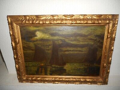 Very old oil painting, { Seascape with sailboats at a full moon, is signed }. | eBay US