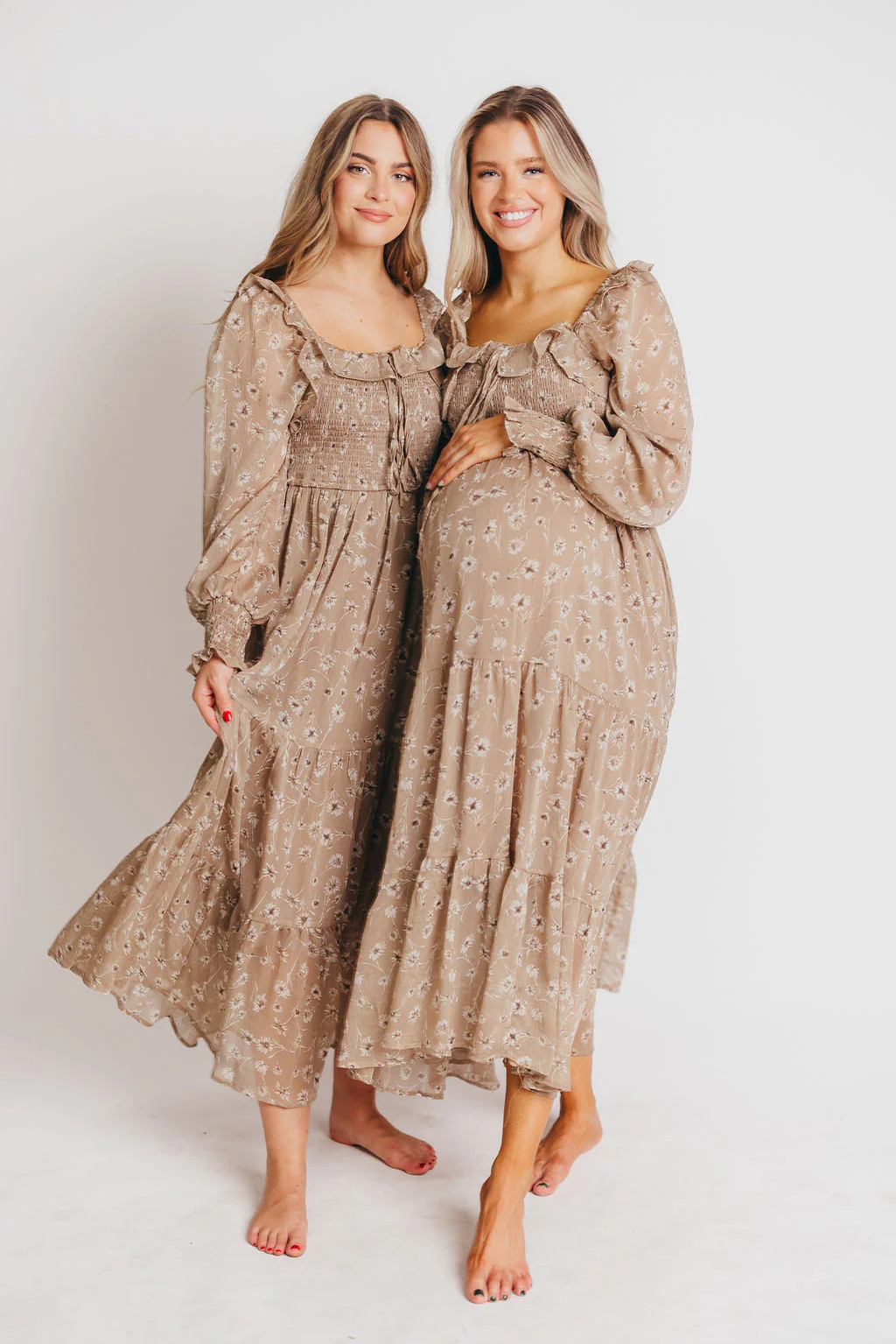 Collie Ruffled Square-Neck Smocked Dress in Light Taupe Floral - Bump | Worth Collective